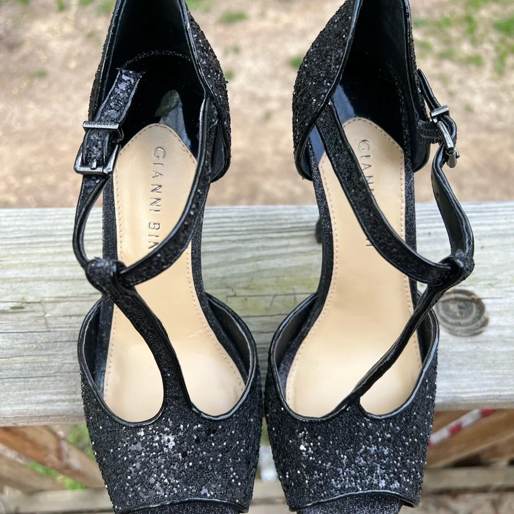 GIANNI BINI Open Toe Black Platform Sparkle Glitter Heels Women’s 7.5